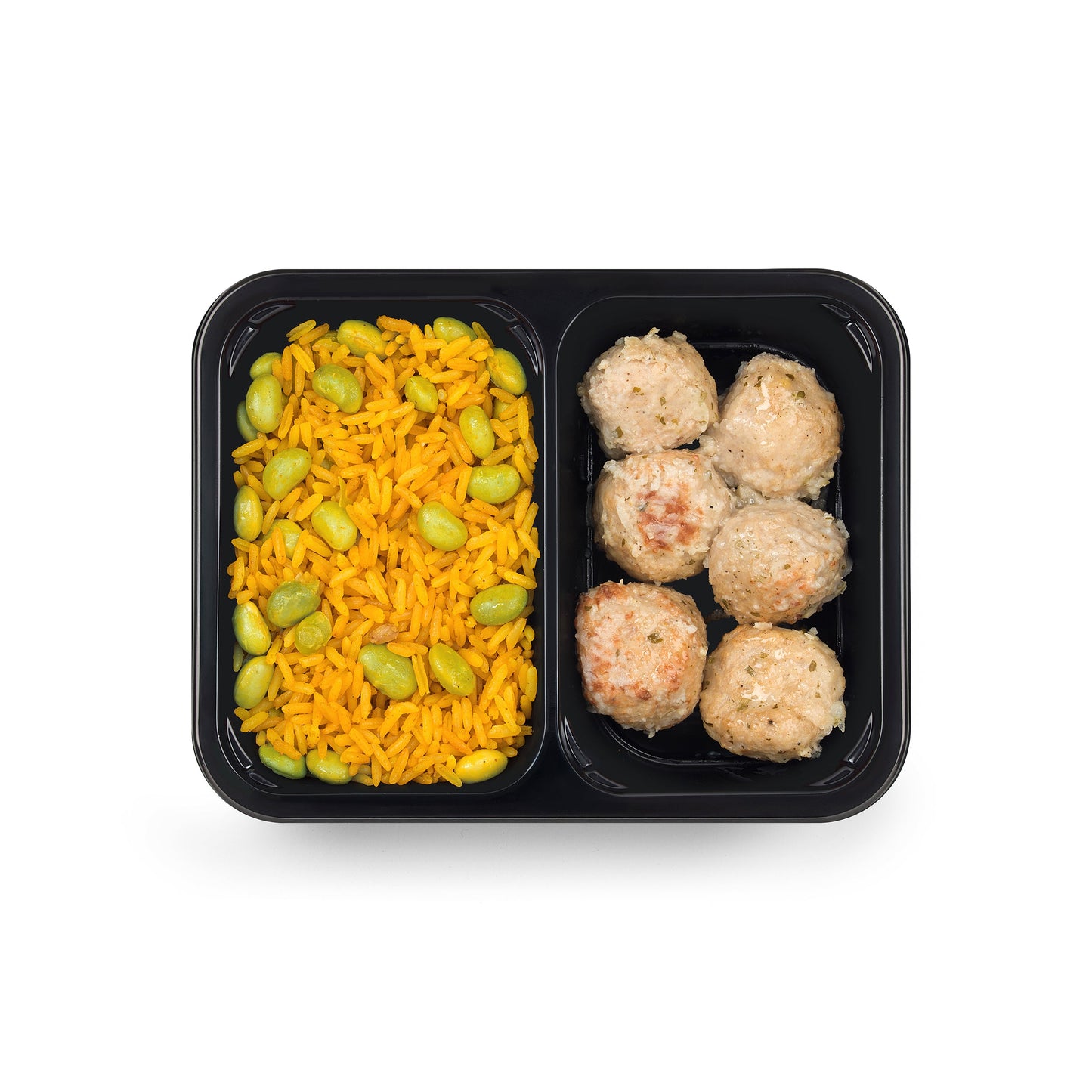 Polpette di pollo e tacchino con salsa alle erbette, riso alla curcuma e edamame 100 Grammi