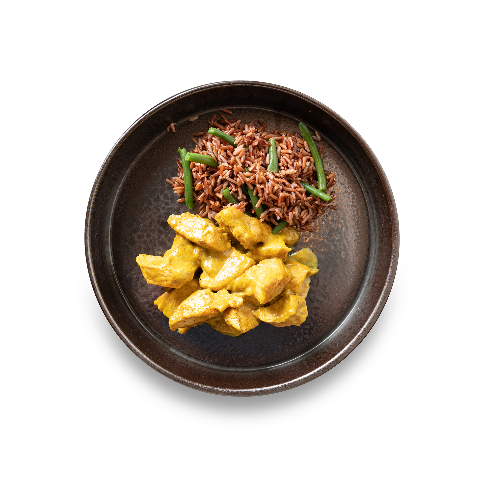 Petto di pollo al curry e latte di cocco, riso rosso e fagiolini verdi 100 Grammi