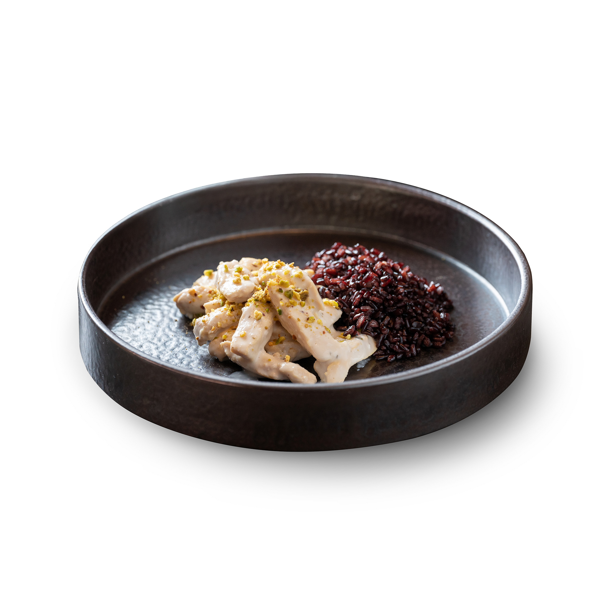 Straccetti di pollo con yogurt e riso venere con granella di pistacchi 100 Grammi