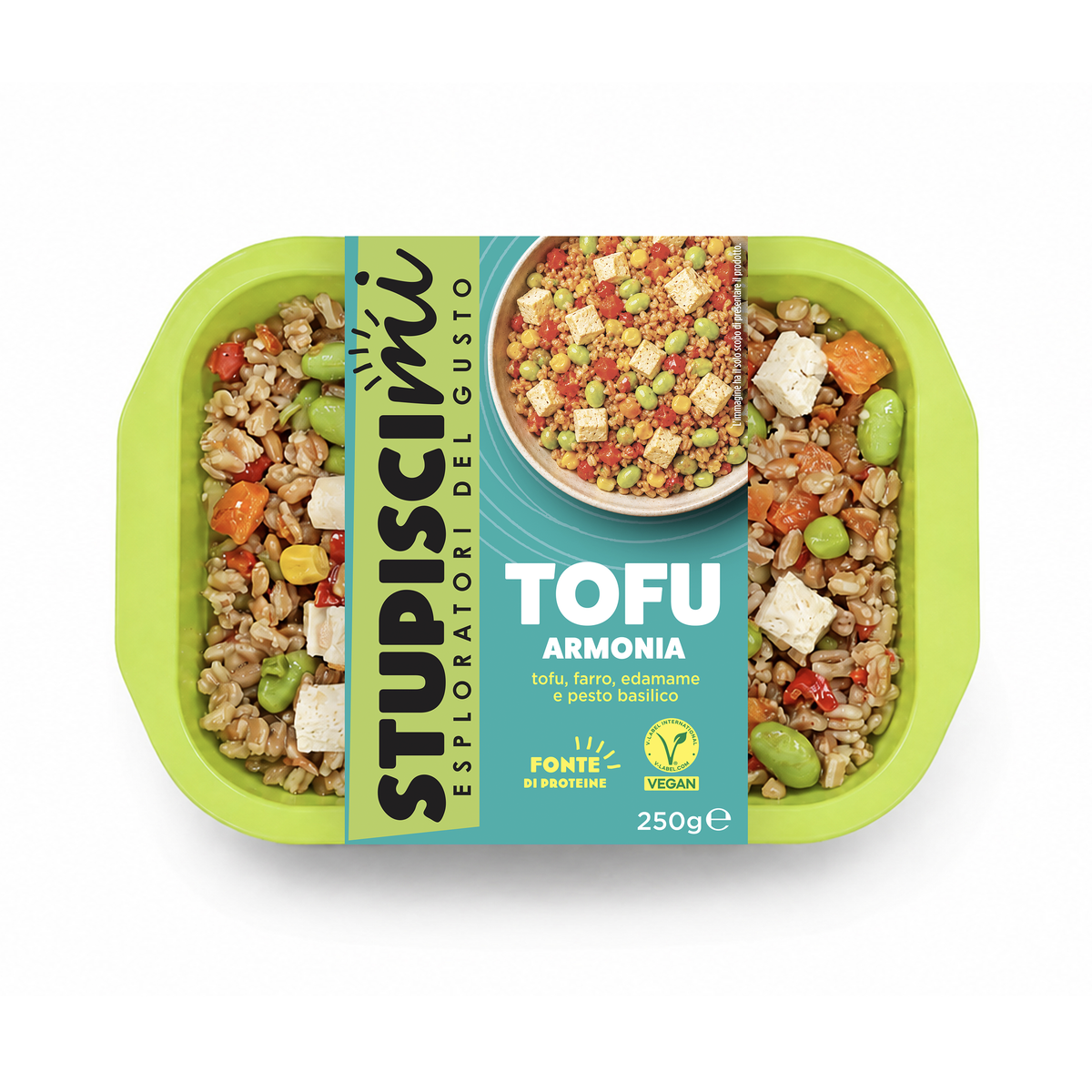 Tofu Armonia con Farro, Edamame e Pesto di Basilico monoporzione Stupiscimi