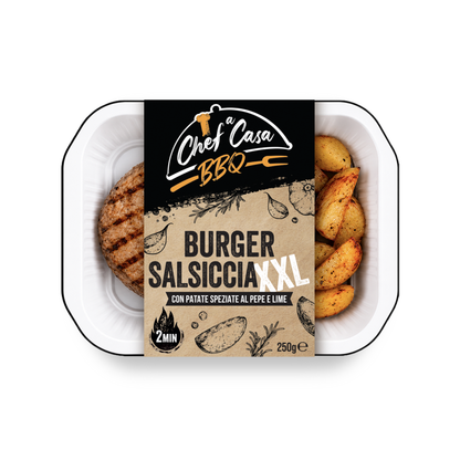 Burger di Salsiccia grigliato con Patate a spicchi monoporzione Chef a Casa