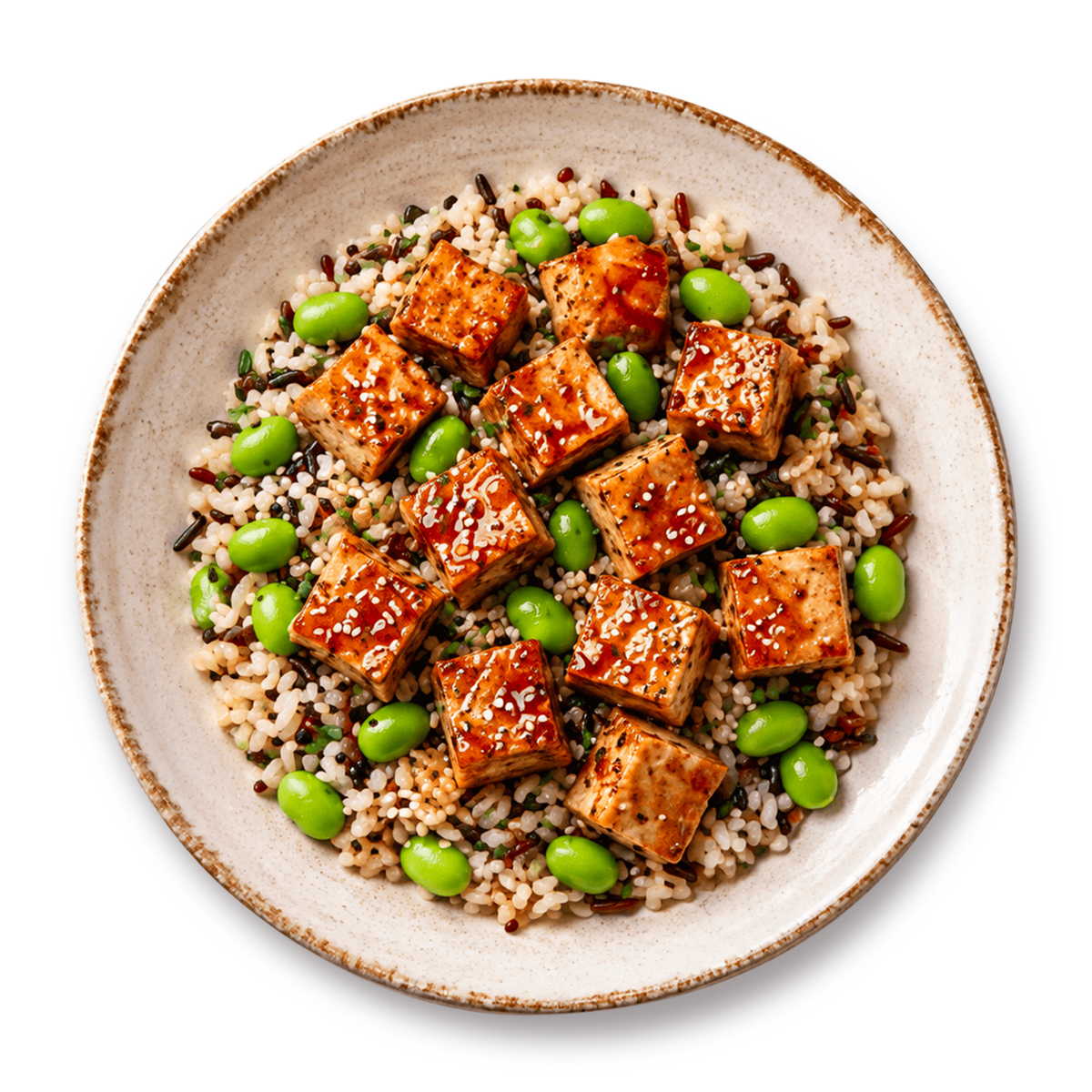 Tofu Oriente marinato in salsa Teriyaki, con Riso ed Edamame monoporzione Stupiscimi