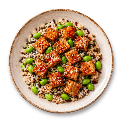 Tofu Oriente marinato in salsa Teriyaki, con Riso ed Edamame monoporzione Stupiscimi