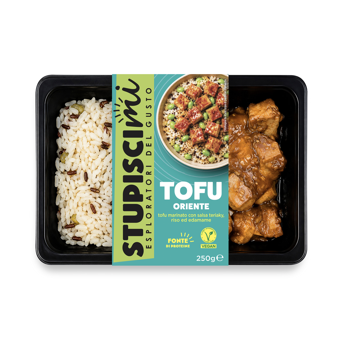 Tofu Oriente marinato in salsa Teriyaki, con Riso ed Edamame monoporzione Stupiscimi
