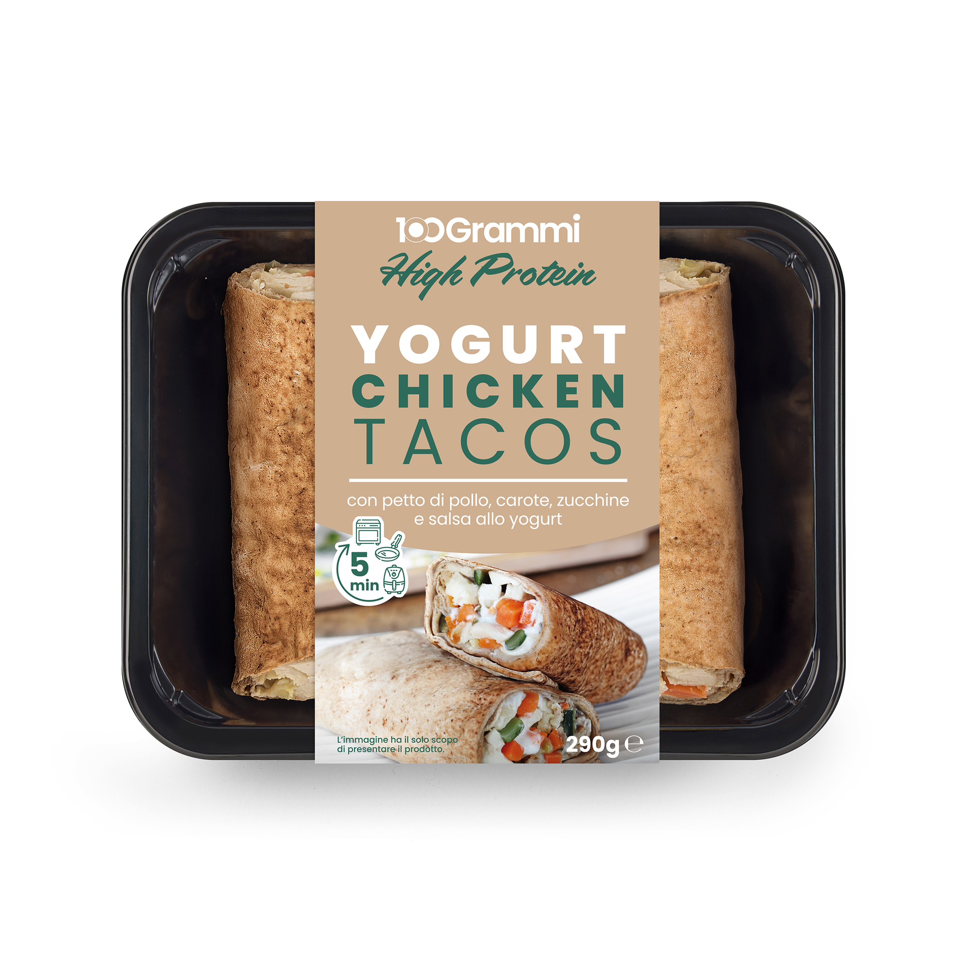 Tacos proteico con petto di pollo, carote, zucchine e salsa yogurt 100 Grammi
