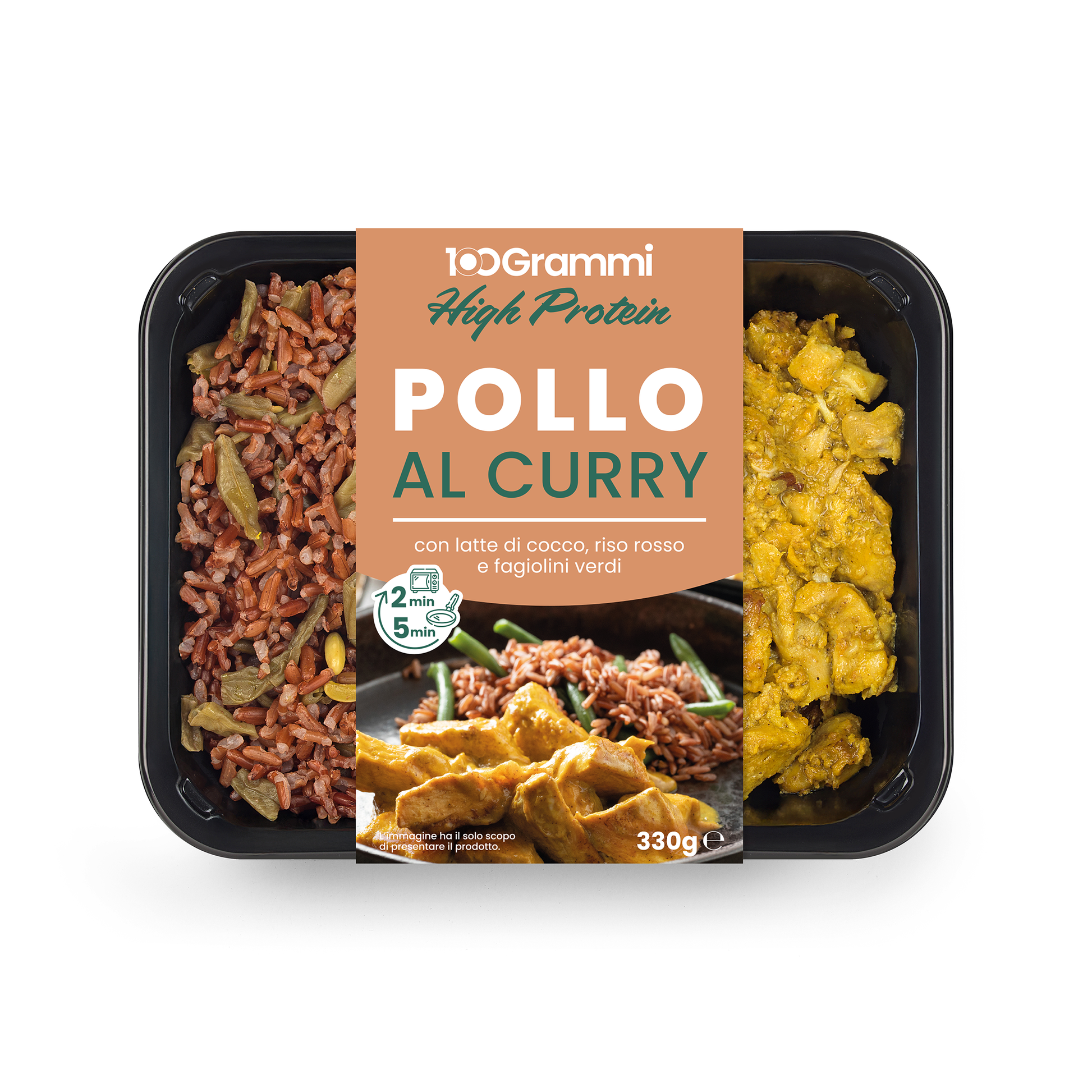 Petto di pollo al curry e latte di cocco, riso rosso e fagiolini verdi 100 Grammi