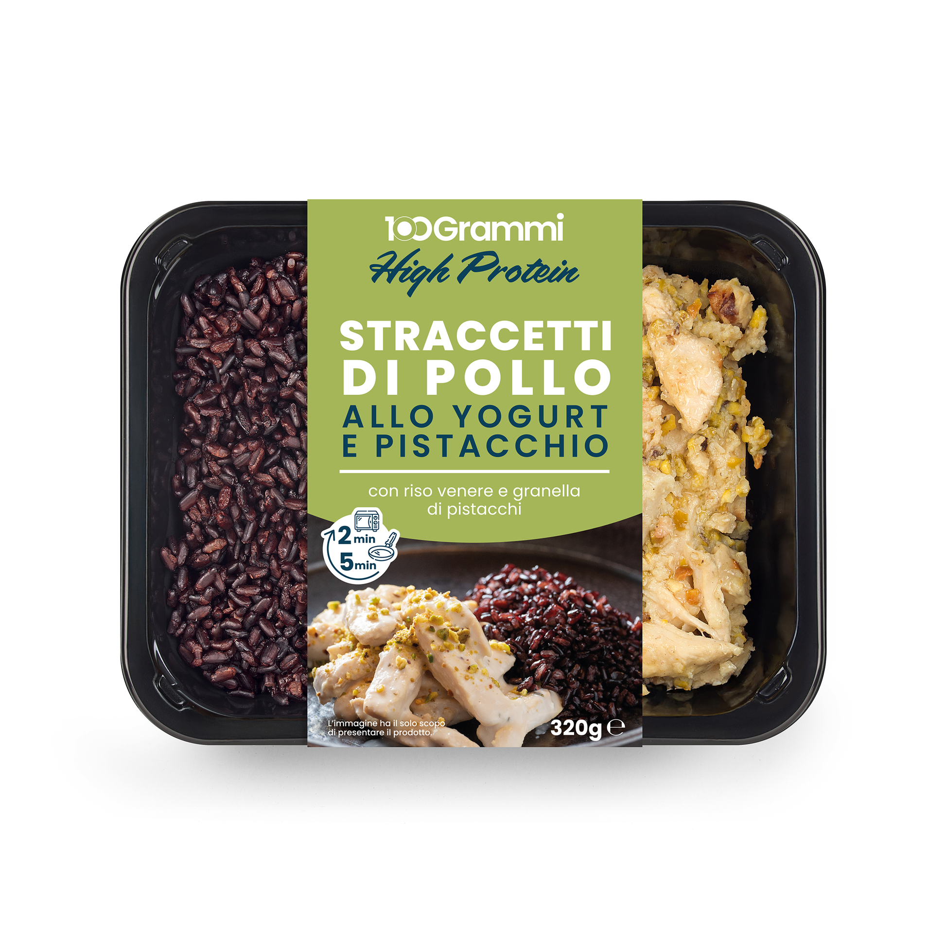 Straccetti di pollo con yogurt e riso venere con granella di pistacchi 100 Grammi