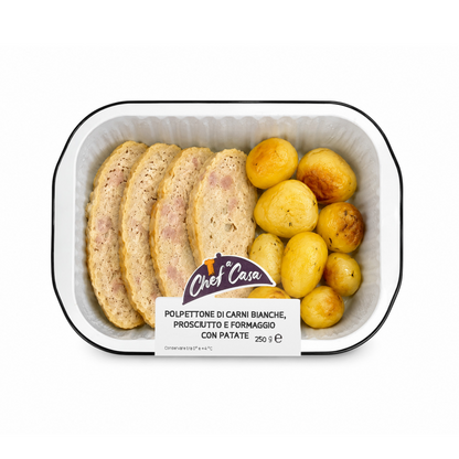 Polpettone di carni bianche, prosciutto e formaggio con patate PiattiProntiChef