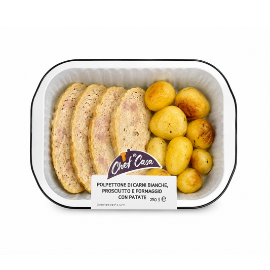 Polpettone di carni bianche, prosciutto e formaggio con patate PiattiProntiChef