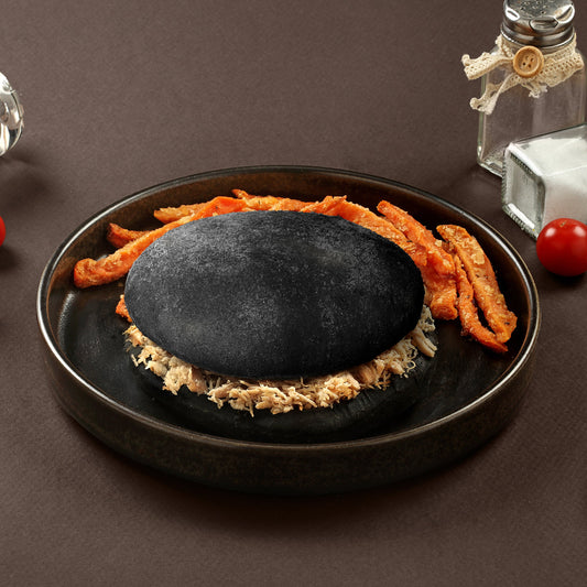 Pulled Chicken Burger con bun al carbone vegetale e patate dolci 100 Grammi