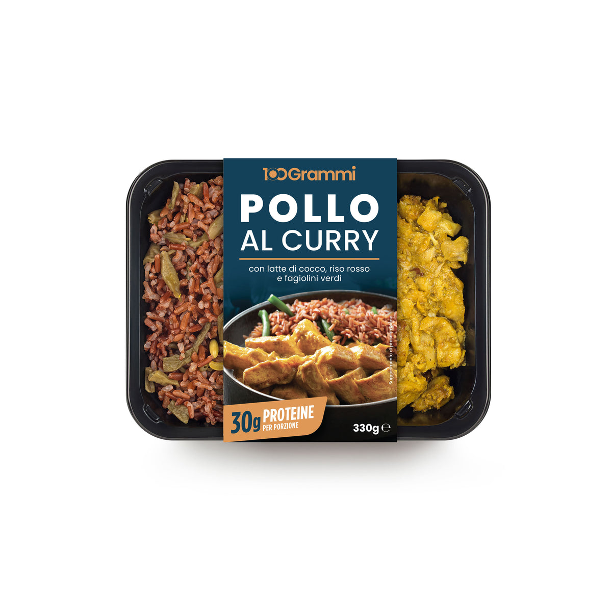 4 X Pollo al Curry con Latte di Cocco, Riso rosso e Fagiolini da 330g - High Protein 100 Grammi