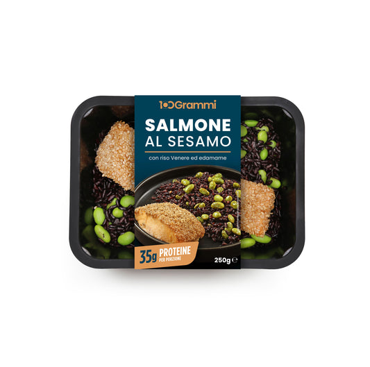 Filetto di Salmone con Sesamo bianco, Riso nero, Edamame 100 Grammi